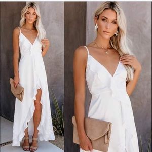 VICI Best guest satin ruffle maxi dress- white